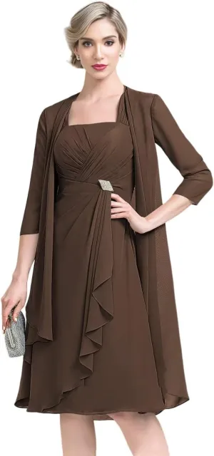 2 Pieces Mother of The Bride Dresses for Wedding Half Sleeve Chiffon Pleated Formal Evening Dress