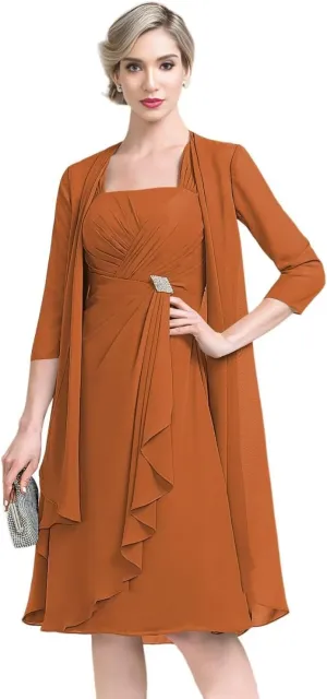2 Pieces Mother of The Bride Dresses for Wedding Half Sleeve Chiffon Pleated Formal Evening Dress