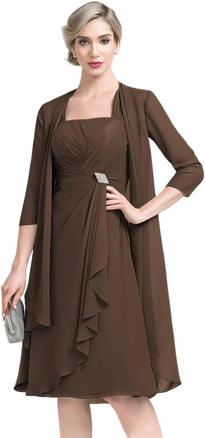 2 Pieces Mother of The Bride Dresses for Wedding Half Sleeve Chiffon Pleated Formal Evening Dress