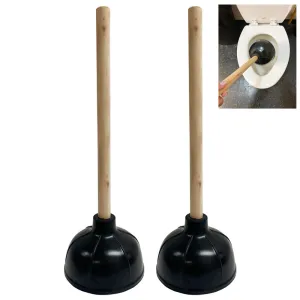 2 Pk Toilet Plunger Rubber 17" Wooden Handle Cleaning Drain Bathroom Heavy Duty