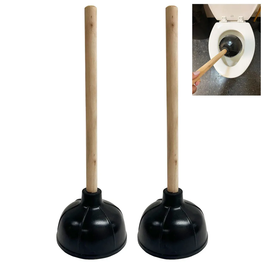 2 Pk Toilet Plunger Rubber 17" Wooden Handle Cleaning Drain Bathroom Heavy Duty