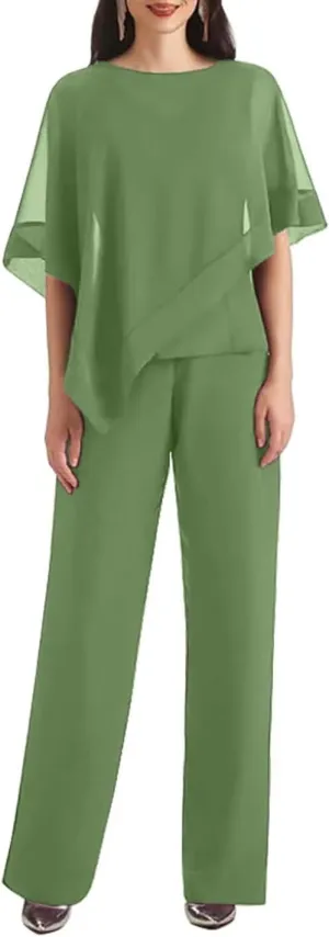 3 PCS Mother of The Bride Pant Suits 3 Pieces Chiffon Pant Suits for Women Dressy Wedding Guest