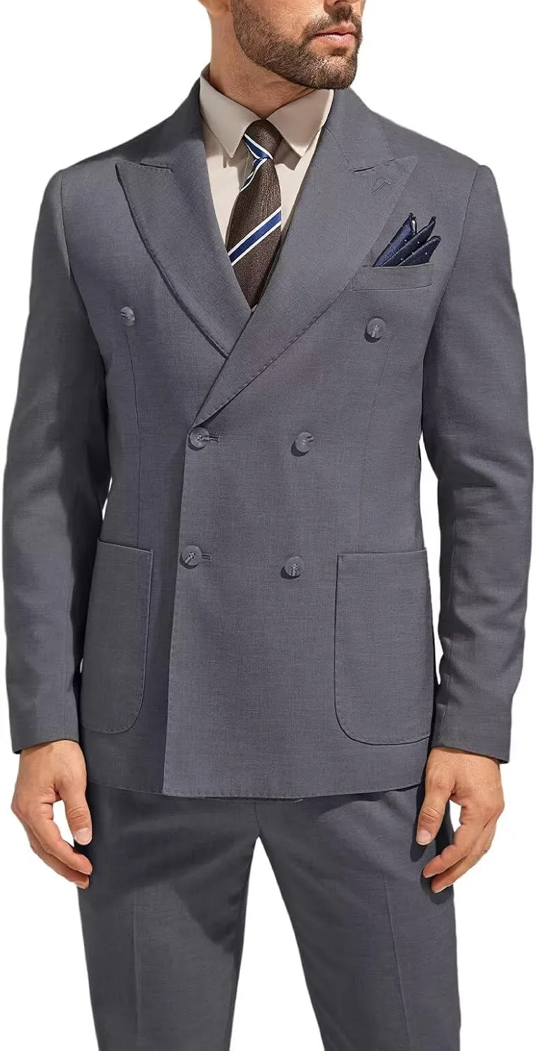 3 Piece Mens Suit Slim Fit Double Breasted Tuxedo Suits Solid Blazer Jacket Vest Pants Set Wedding Prom Outfit for Men
