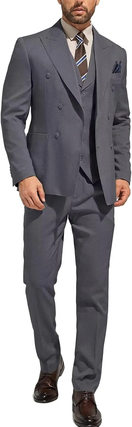 3 Piece Mens Suit Slim Fit Double Breasted Tuxedo Suits Solid Blazer Jacket Vest Pants Set Wedding Prom Outfit for Men