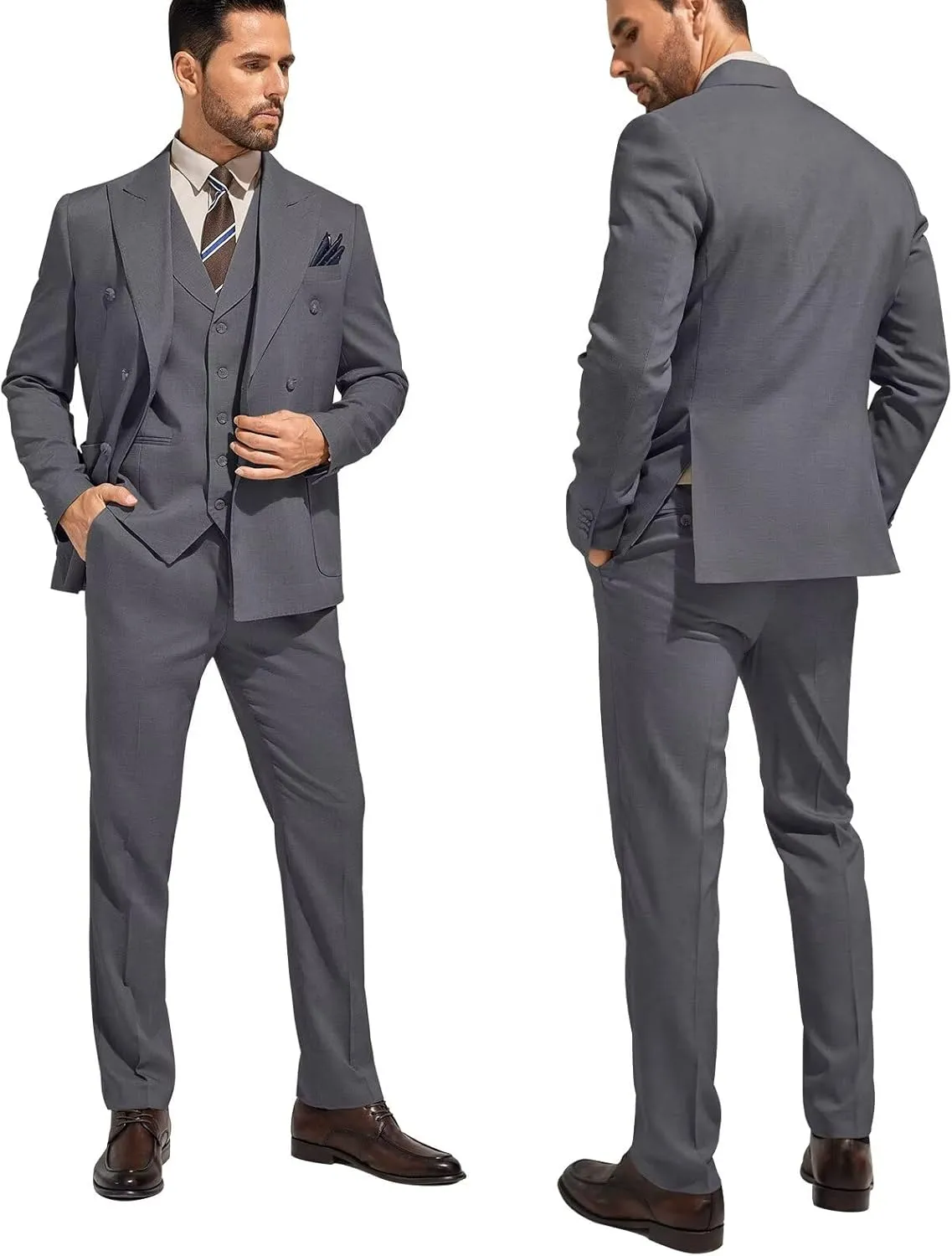 3 Piece Mens Suit Slim Fit Double Breasted Tuxedo Suits Solid Blazer Jacket Vest Pants Set Wedding Prom Outfit for Men