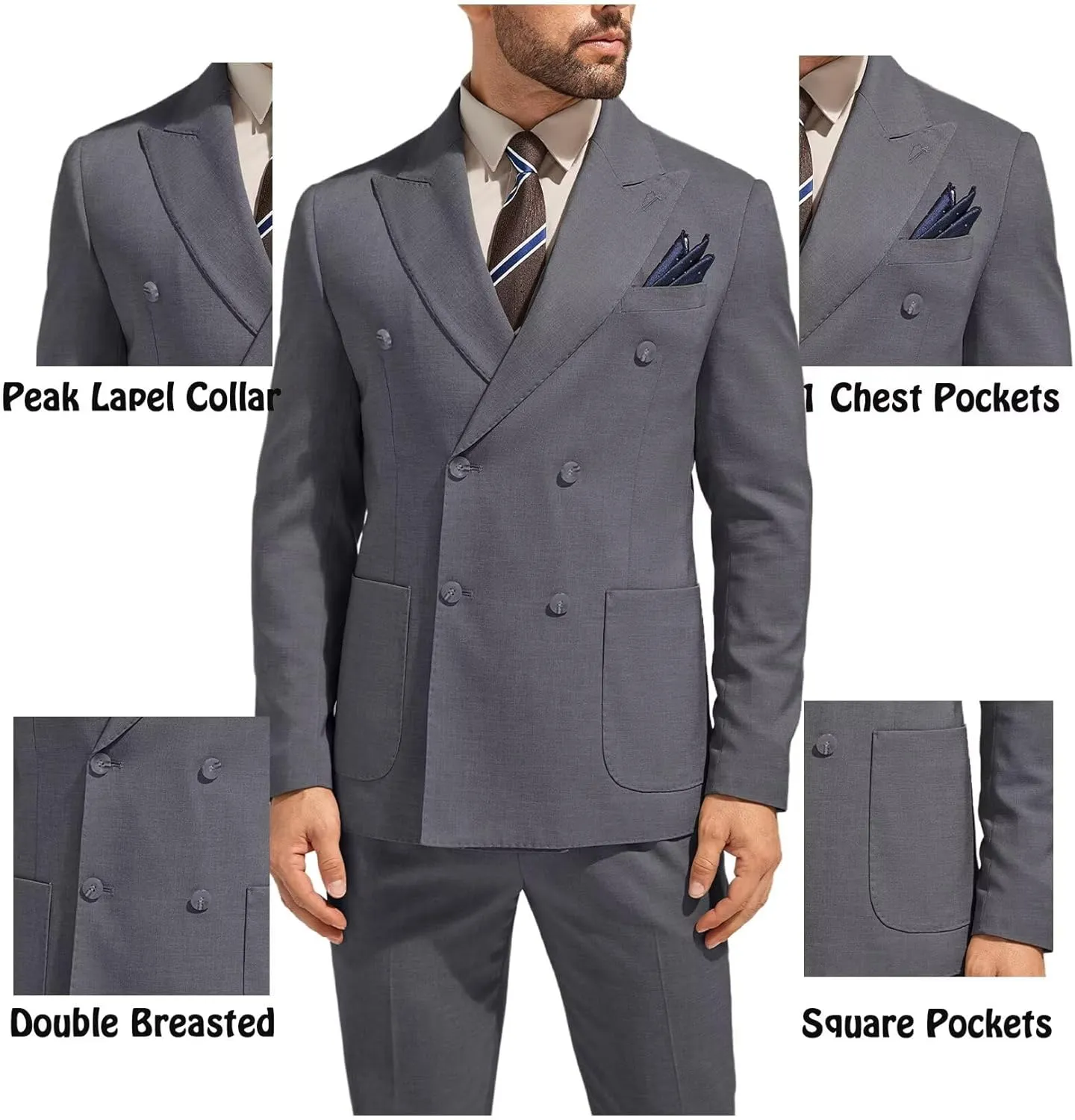 3 Piece Mens Suit Slim Fit Double Breasted Tuxedo Suits Solid Blazer Jacket Vest Pants Set Wedding Prom Outfit for Men
