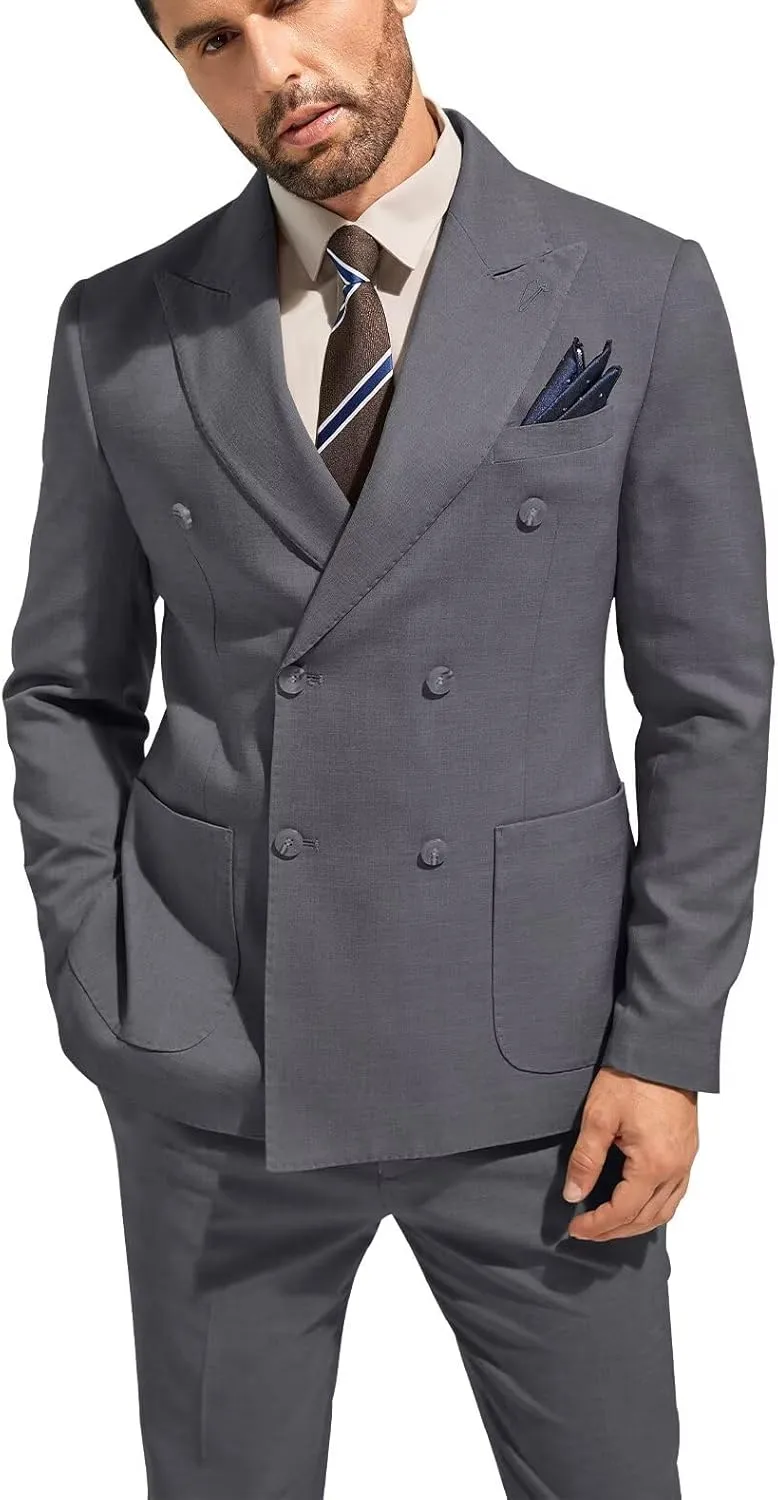 3 Piece Mens Suit Slim Fit Double Breasted Tuxedo Suits Solid Blazer Jacket Vest Pants Set Wedding Prom Outfit for Men