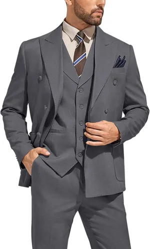 3 Piece Mens Suit Slim Fit Double Breasted Tuxedo Suits Solid Blazer Jacket Vest Pants Set Wedding Prom Outfit for Men