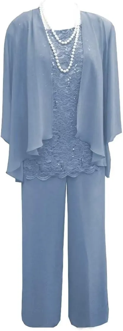 3 Pieces Christmas Pant Suits for Women Dressy Wedding Lace Chiffon Mother of The Bride Pant Suits for Women