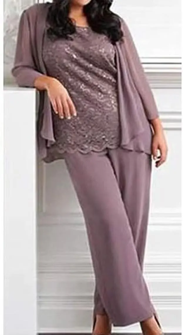 3 Pieces Christmas Pant Suits for Women Dressy Wedding Lace Chiffon Mother of The Bride Pant Suits for Women