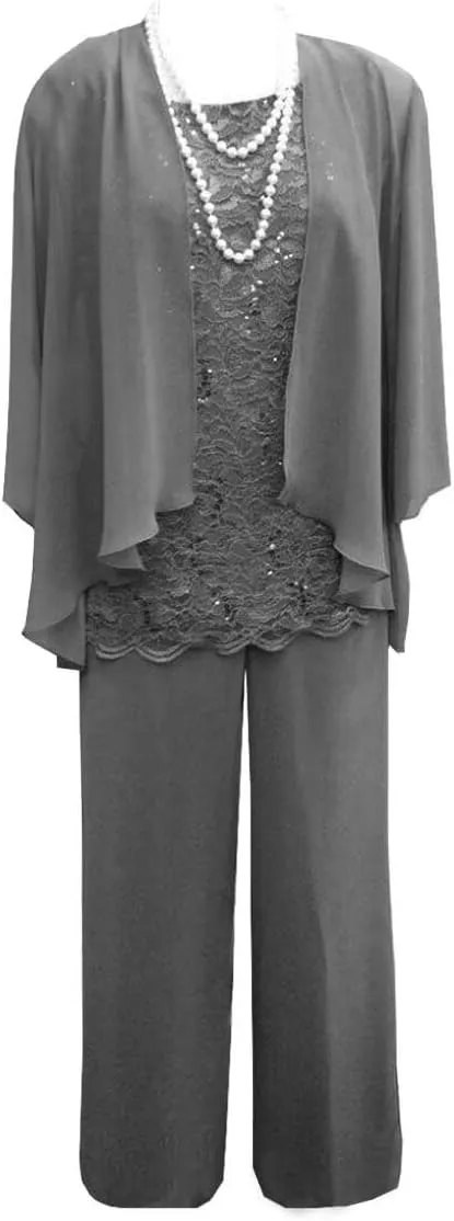 3 Pieces Christmas Pant Suits for Women Dressy Wedding Lace Chiffon Mother of The Bride Pant Suits for Women
