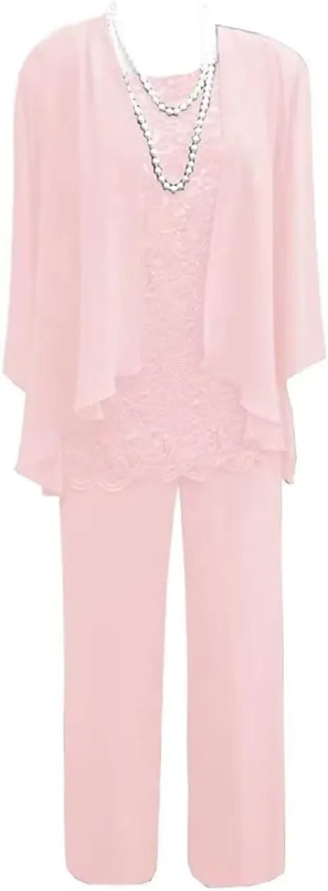 3 Pieces Christmas Pant Suits for Women Dressy Wedding Lace Chiffon Mother of The Bride Pant Suits for Women