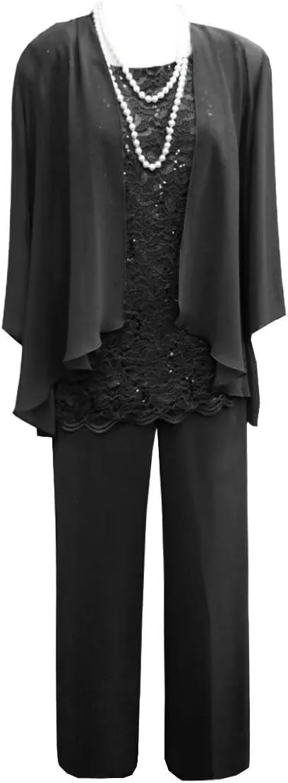3 Pieces Christmas Pant Suits for Women Dressy Wedding Lace Chiffon Mother of The Bride Pant Suits for Women