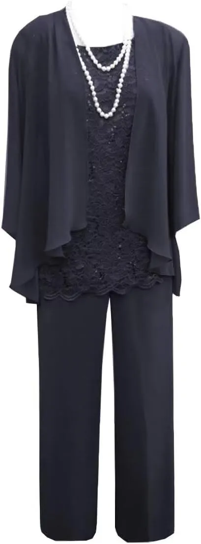 3 Pieces Christmas Pant Suits for Women Dressy Wedding Lace Chiffon Mother of The Bride Pant Suits for Women