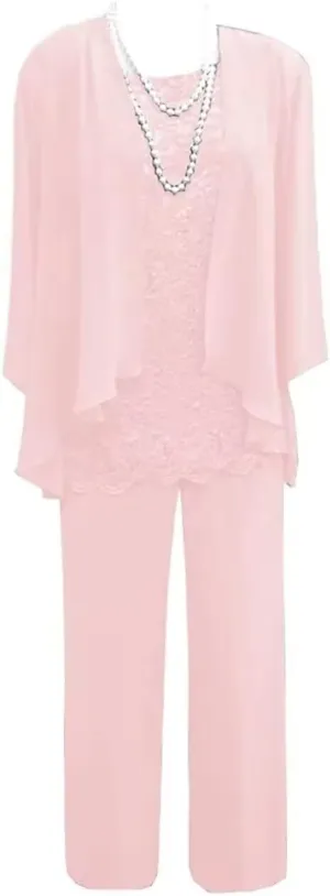 3 Pieces Christmas Pant Suits for Women Dressy Wedding Lace Chiffon Mother of The Bride Pant Suits for Women