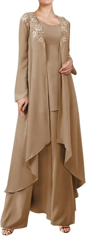 3 Pieces Mother of The Bride Dresses Pant Suits for Wedding Guest Groom Outfit Lace Chiffon Formal Gown Set with Jacket
