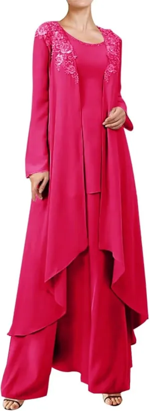3 Pieces Mother of The Bride Dresses Pant Suits for Wedding Lace Chiffon Long Formal Gown Outfit Set with Jacket