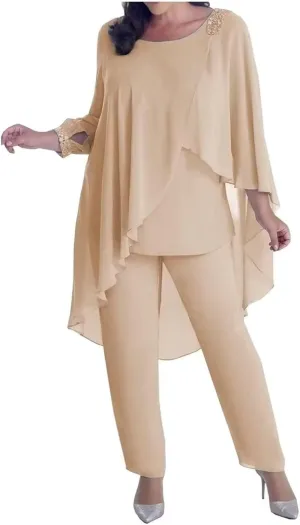 3 Pieces Mother of The Bride Dresses Pant Suits for Wedding with Beaded 3/4 Sleeve Cloak Evening Gowns 2023