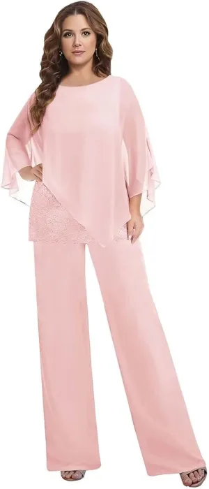 3 Pieces Mother of The Bride Pant Suits for Women Dressy Chiffon Lace Womens Formal Outfit
