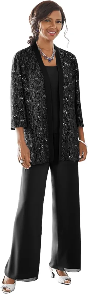 3 Pieces Mother of The Bride Pant Suits with Jacket Long Sleeve Lace Chiffon Pants Suits for Women Dressy