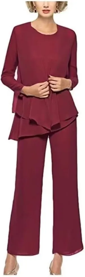 3 Pieces Pant Suits for Women Dressy Elegant Long Sleeve Chiffon Formal Jumpsuit for Women with Jacket