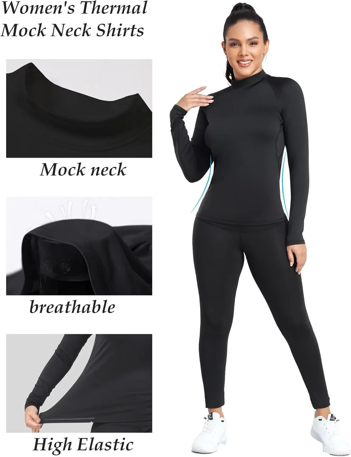 4 Pack Women's Thermal Shirts Fleece Lined Mock Turtle Neck Tops Compression Long Sleeve Athletic Base Layer