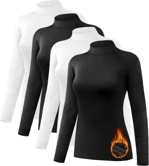 4 Pack Women's Thermal Shirts Fleece Lined Mock Turtle Neck Tops Compression Long Sleeve Athletic Base Layer