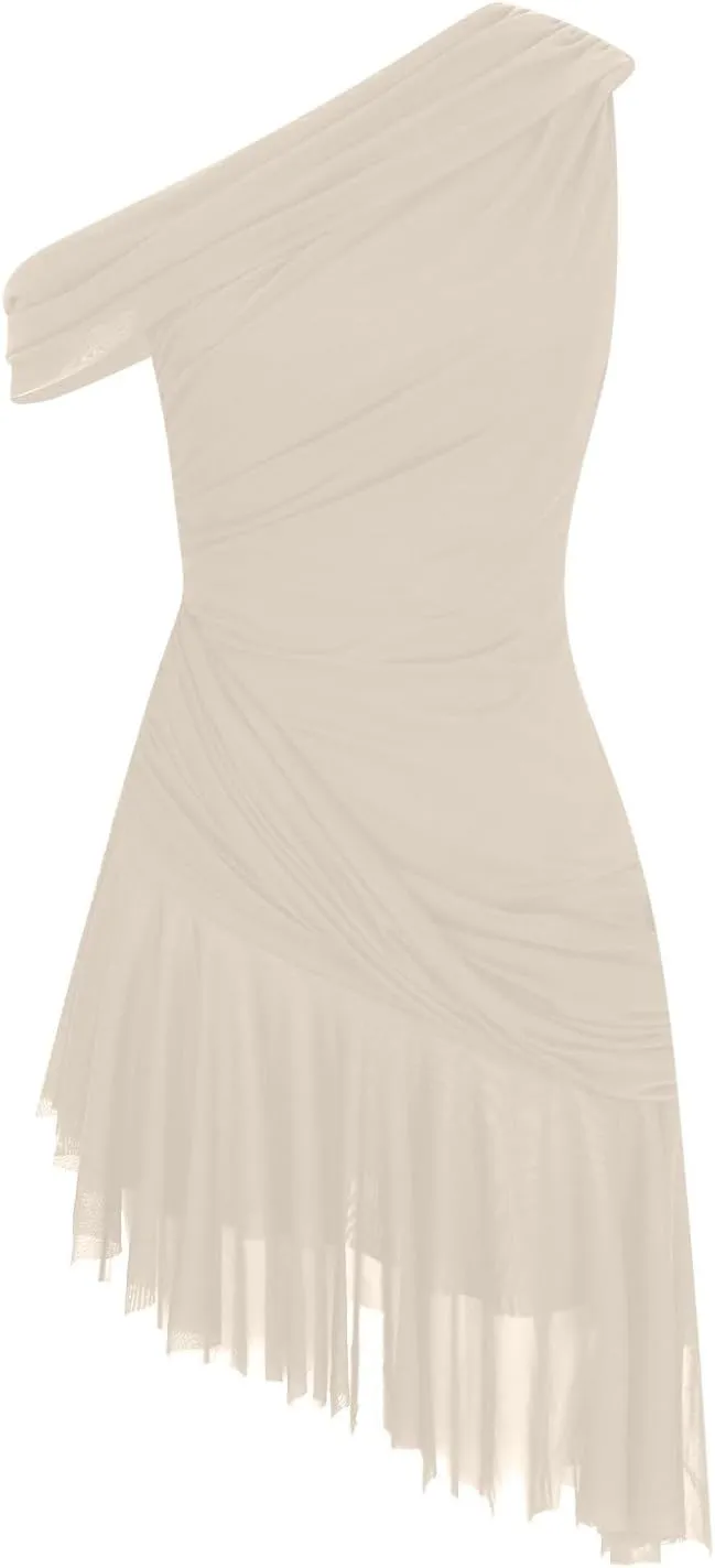 Akklian Women Chiffon Mesh Backless Sexy Mini Dress Asymmetrical One Shoulder Sleeveless Ruffle Hem Party Club Drape Dress