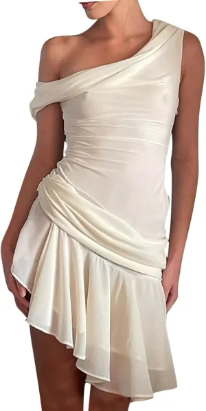 Akklian Women Chiffon Mesh Backless Sexy Mini Dress Asymmetrical One Shoulder Sleeveless Ruffle Hem Party Club Drape Dress