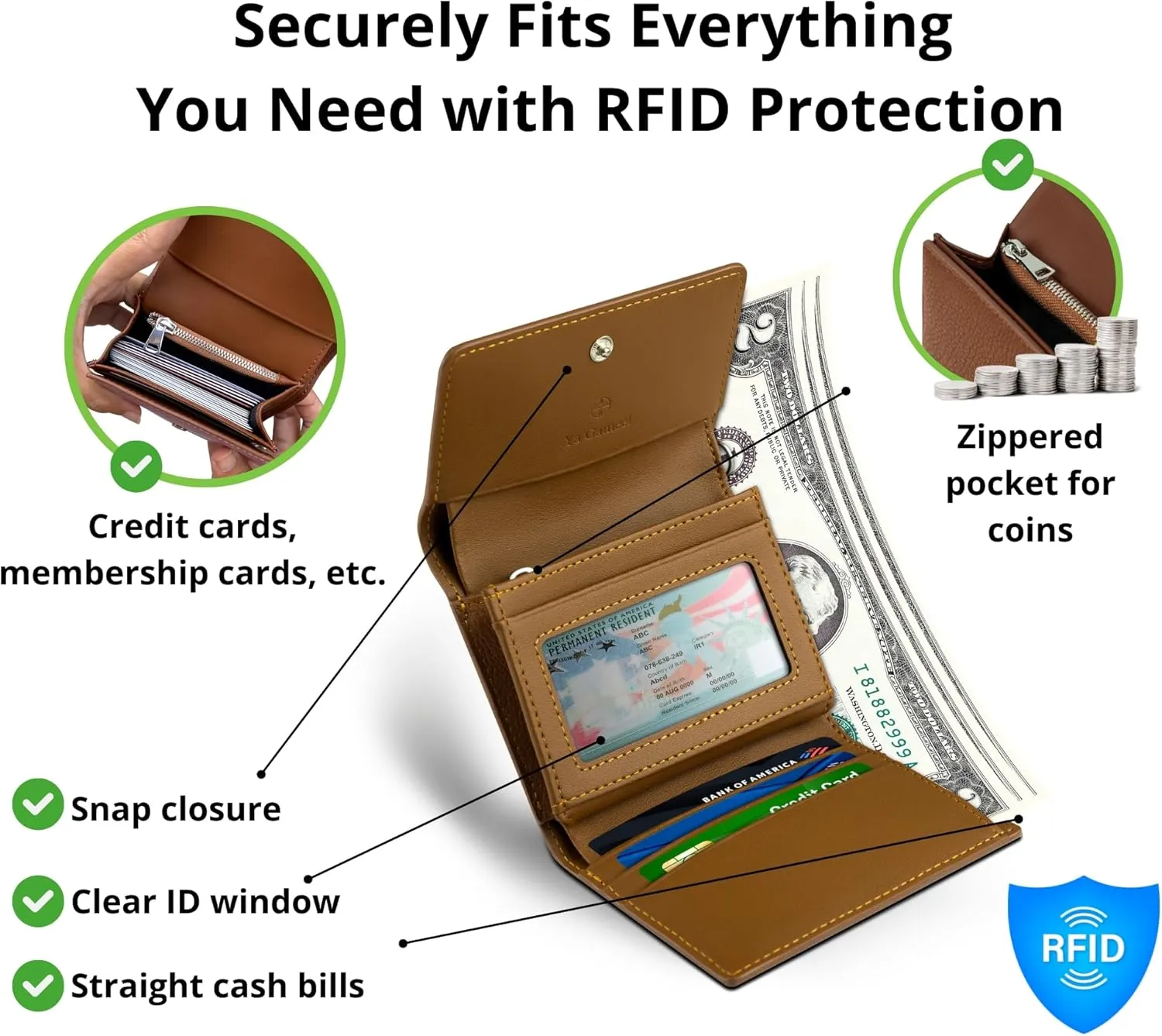 All Lilac RFID-Blocking Women's Real Leather Wallet with Large Capacity and Wristlet - Small, Secure, and Chic - Conveniently Holds Cards, Cash, and Coins