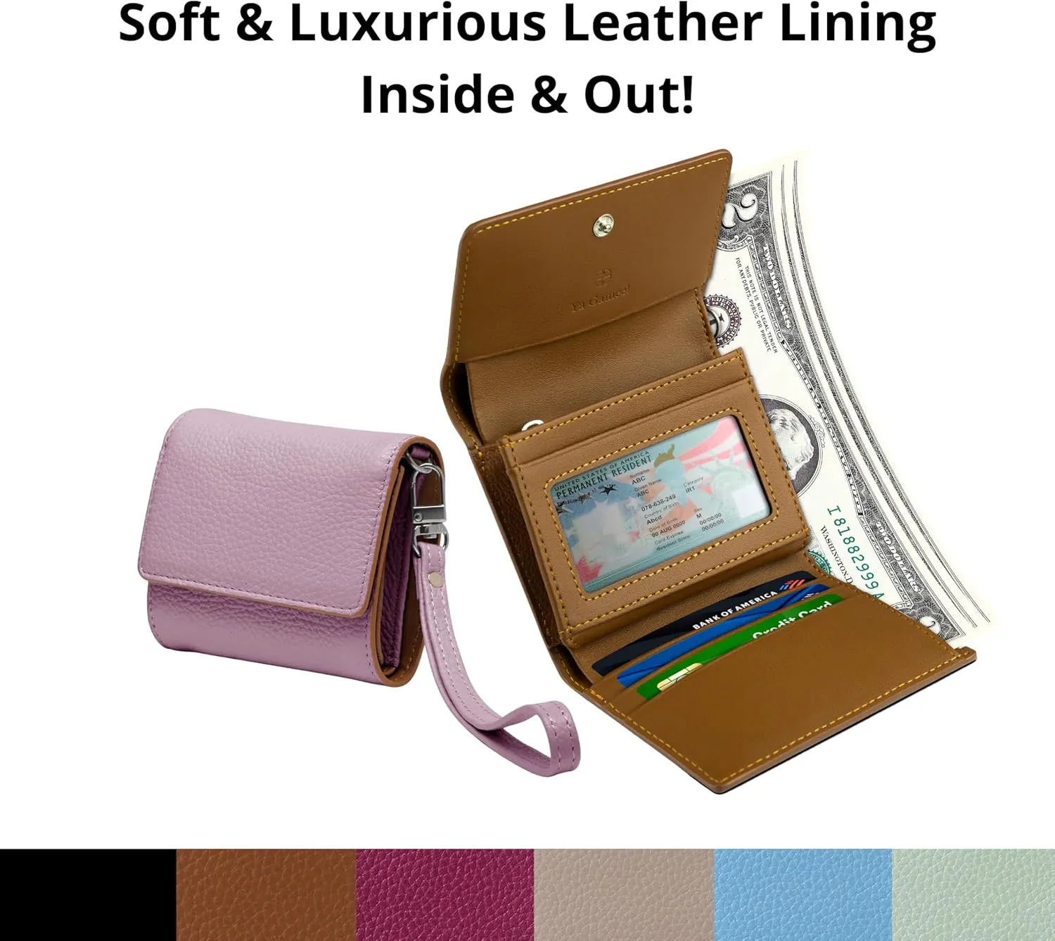 All Lilac RFID-Blocking Women's Real Leather Wallet with Large Capacity and Wristlet - Small, Secure, and Chic - Conveniently Holds Cards, Cash, and Coins