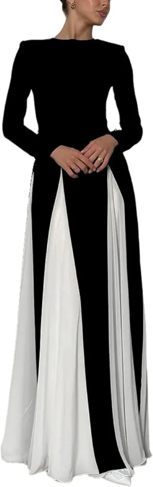 Aonoapll Women Patchwork Pleated Maxi Dress Elegant Long Sleeve Swing Dress Bodycon High Waist A Line Evening Gown Dress