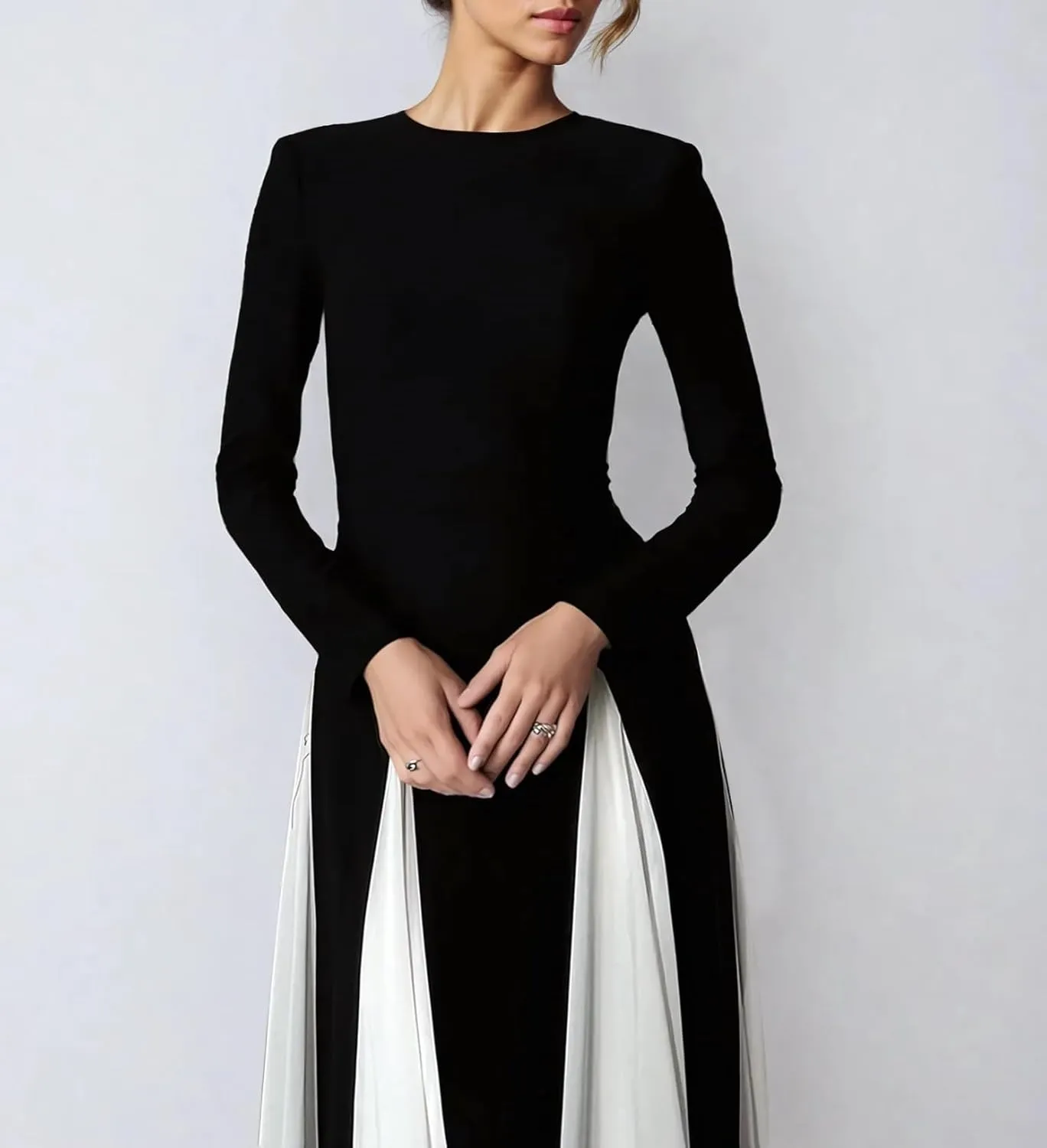 Aonoapll Women Patchwork Pleated Maxi Dress Elegant Long Sleeve Swing Dress Bodycon High Waist A Line Evening Gown Dress