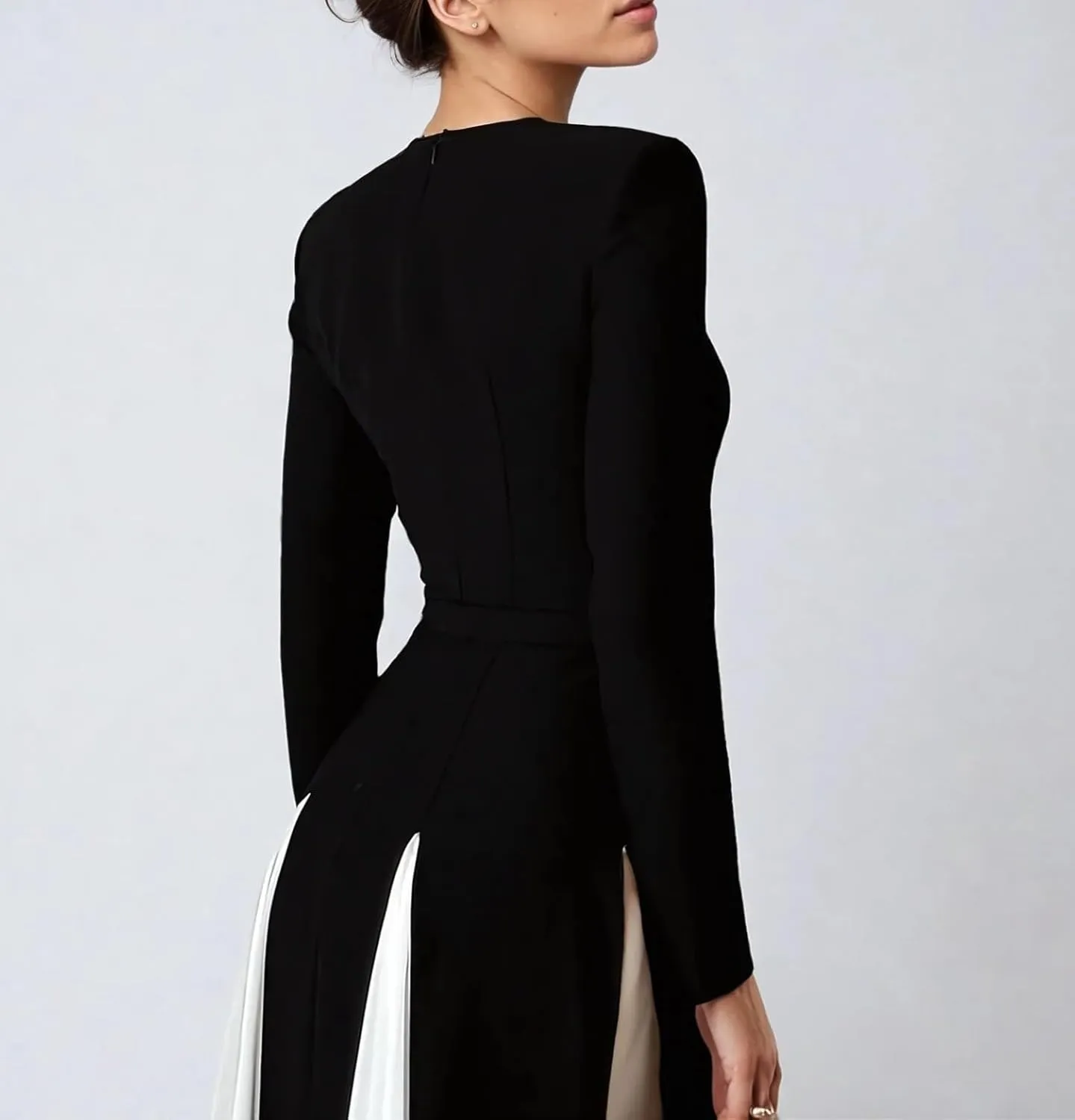 Aonoapll Women Patchwork Pleated Maxi Dress Elegant Long Sleeve Swing Dress Bodycon High Waist A Line Evening Gown Dress