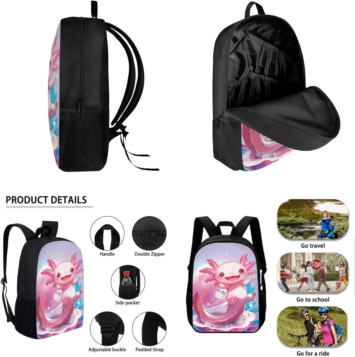 Axolotl Backpack for Girls Lightweight Clam Girls Bookbag Ages 8-10 with Lunchbox Set of 4 Portable Pink Kids Lunch Box Insulated Minimalist Study Pencil Case