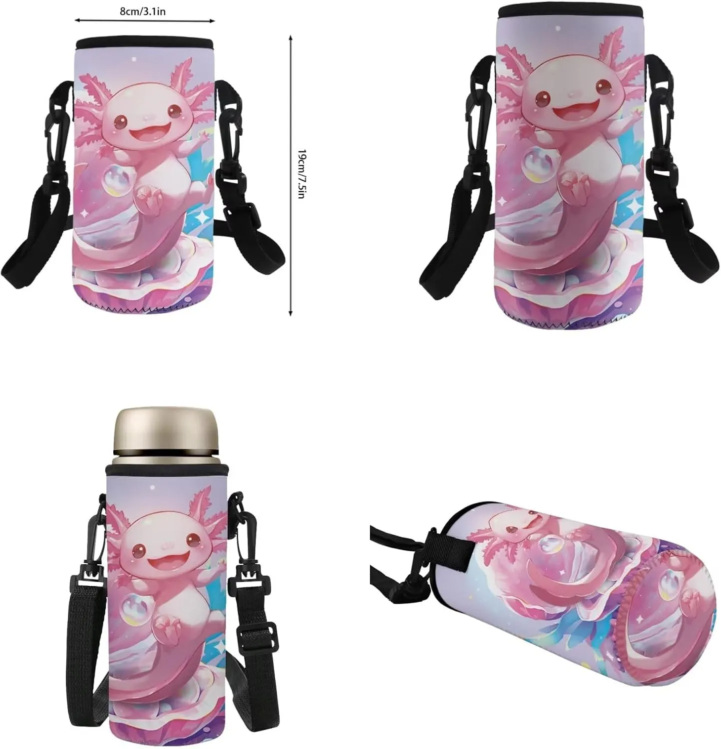 Axolotl Backpack for Girls Lightweight Clam Girls Bookbag Ages 8-10 with Lunchbox Set of 4 Portable Pink Kids Lunch Box Insulated Minimalist Study Pencil Case