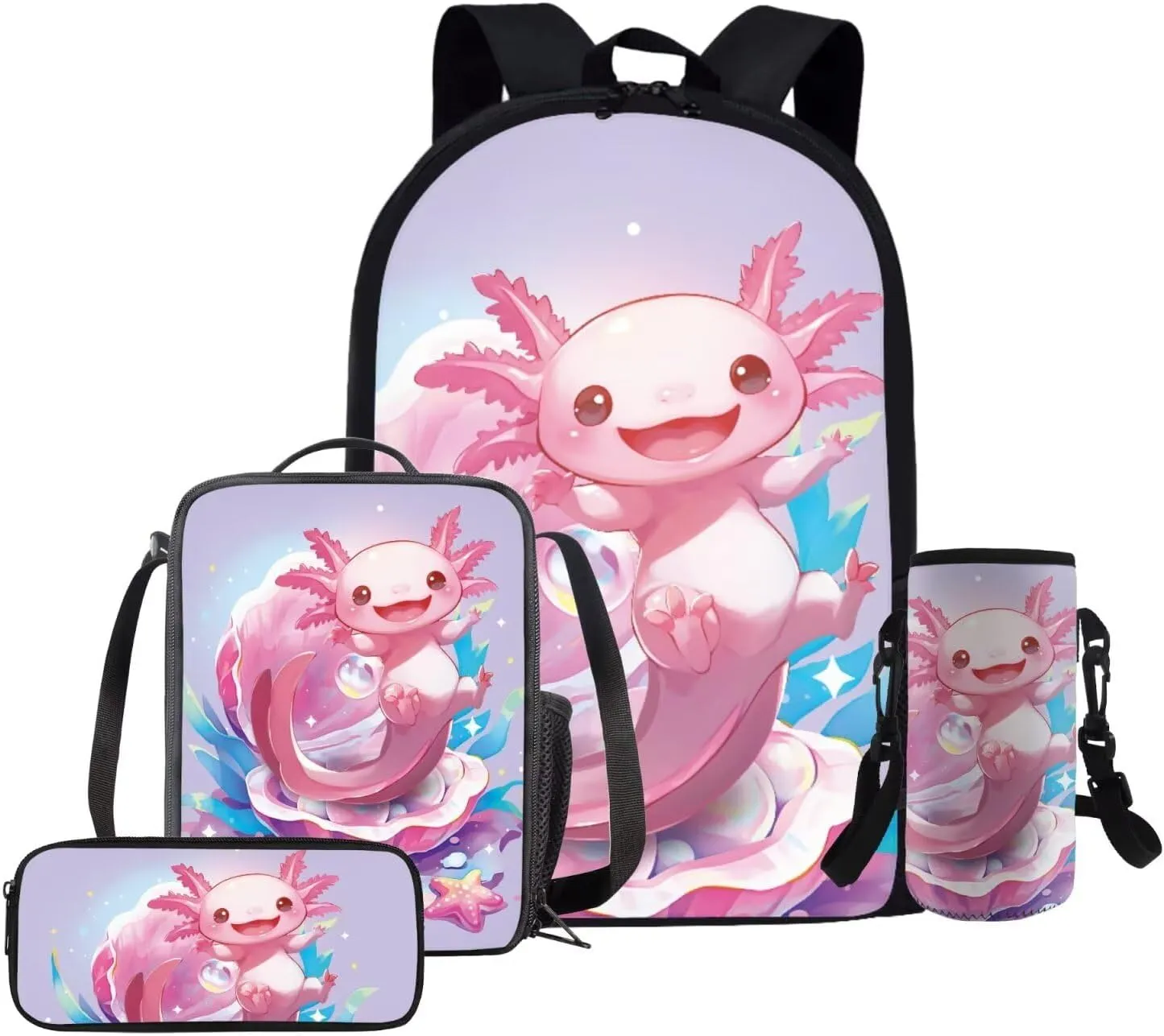 Axolotl Backpack for Girls Lightweight Clam Girls Bookbag Ages 8-10 with Lunchbox Set of 4 Portable Pink Kids Lunch Box Insulated Minimalist Study Pencil Case