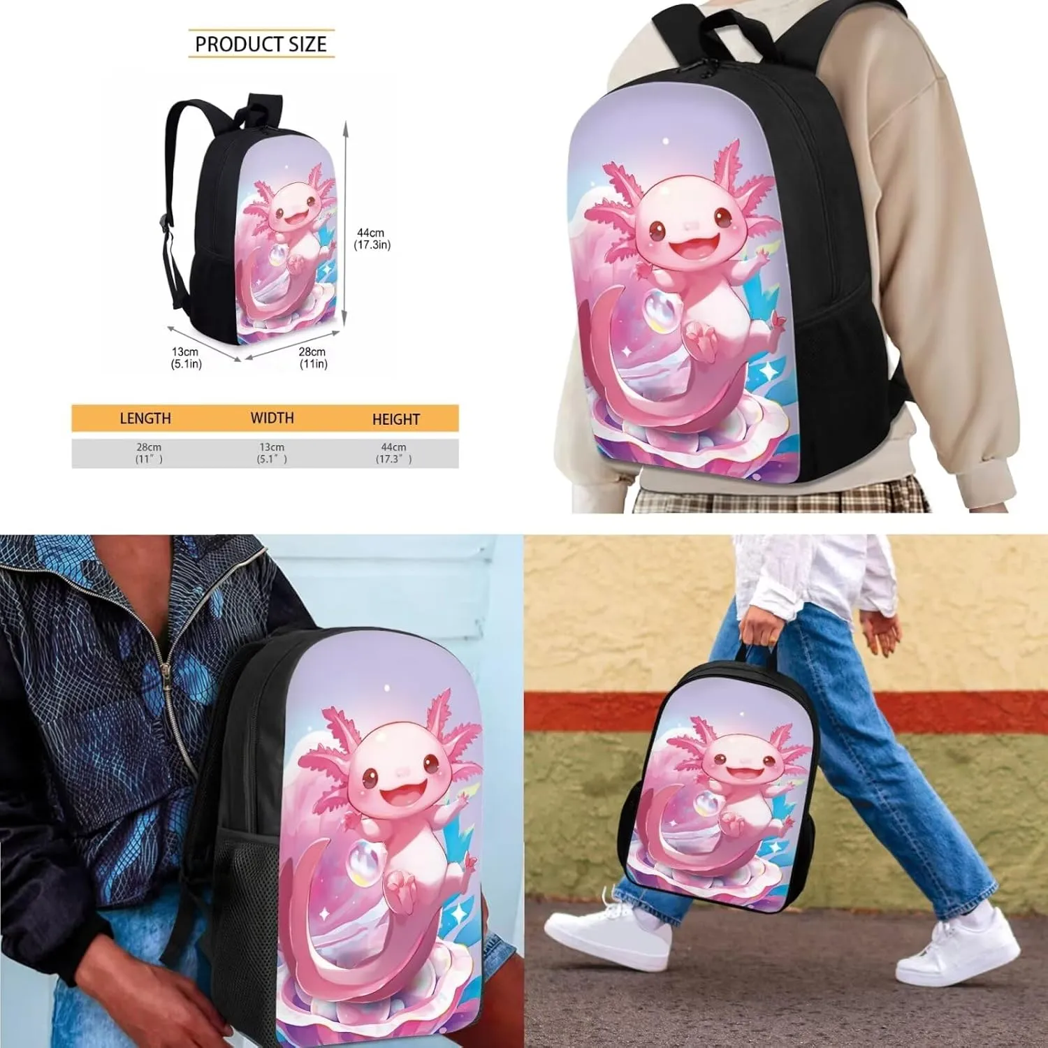 Axolotl Backpack for Girls Lightweight Clam Girls Bookbag Ages 8-10 with Lunchbox Set of 4 Portable Pink Kids Lunch Box Insulated Minimalist Study Pencil Case