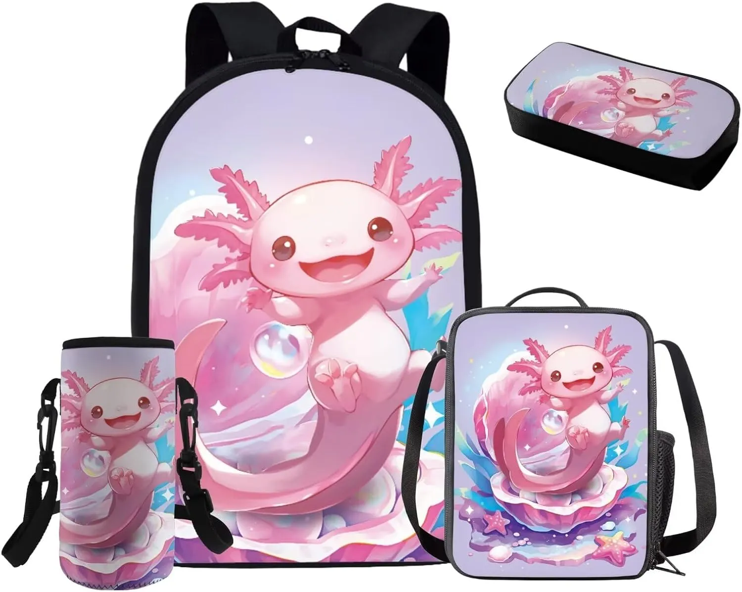 Axolotl Backpack for Girls Lightweight Clam Girls Bookbag Ages 8-10 with Lunchbox Set of 4 Portable Pink Kids Lunch Box Insulated Minimalist Study Pencil Case