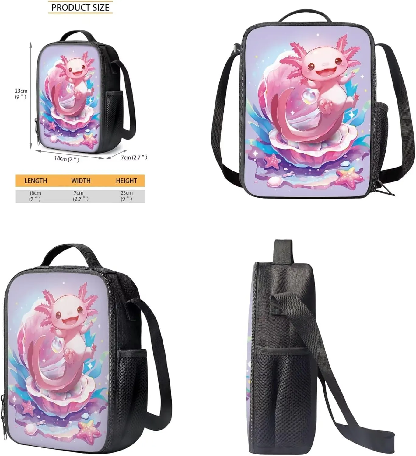 Axolotl Backpack for Girls Lightweight Clam Girls Bookbag Ages 8-10 with Lunchbox Set of 4 Portable Pink Kids Lunch Box Insulated Minimalist Study Pencil Case