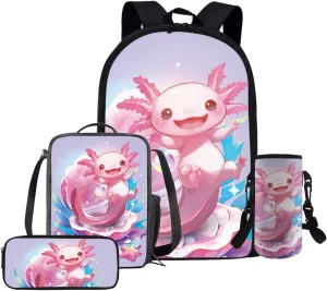 Axolotl Backpack for Girls Lightweight Clam Girls Bookbag Ages 8-10 with Lunchbox Set of 4 Portable Pink Kids Lunch Box Insulated Minimalist Study Pencil Case