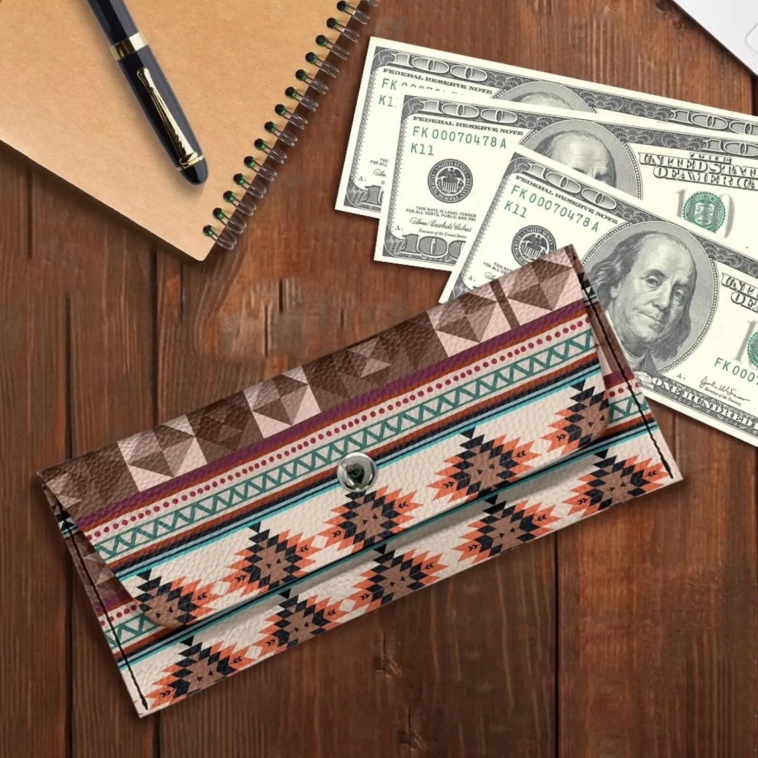 Aztec Pattern Clutch Purses for Women Waterproof Leather Long Wallet with Snap Button Ladies Casual Portable Travel Business Cash Purse Pouch for Womens Lightweight Everyday Bag Satchel