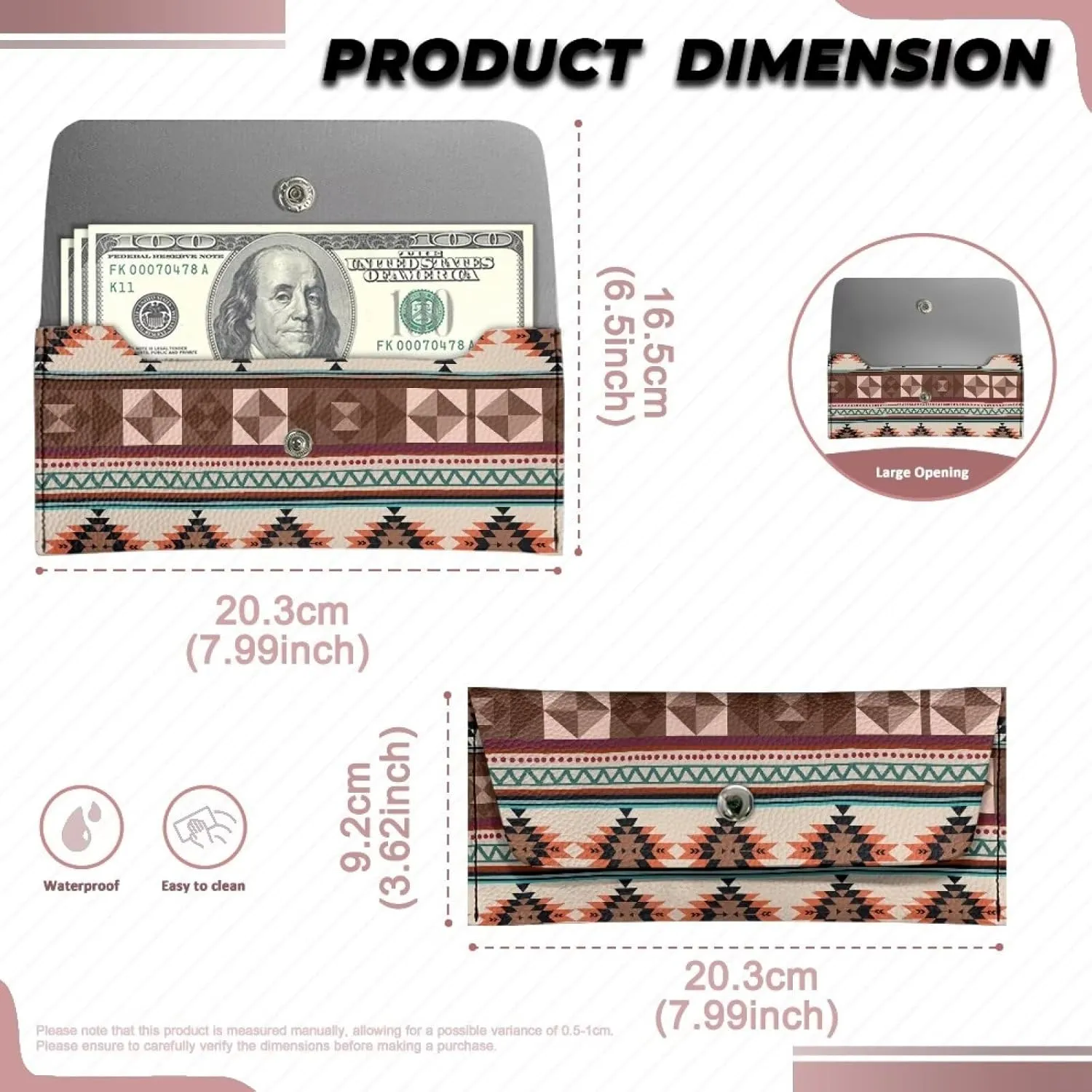 Aztec Pattern Clutch Purses for Women Waterproof Leather Long Wallet with Snap Button Ladies Casual Portable Travel Business Cash Purse Pouch for Womens Lightweight Everyday Bag Satchel