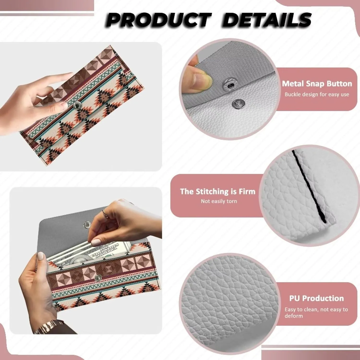 Aztec Pattern Clutch Purses for Women Waterproof Leather Long Wallet with Snap Button Ladies Casual Portable Travel Business Cash Purse Pouch for Womens Lightweight Everyday Bag Satchel