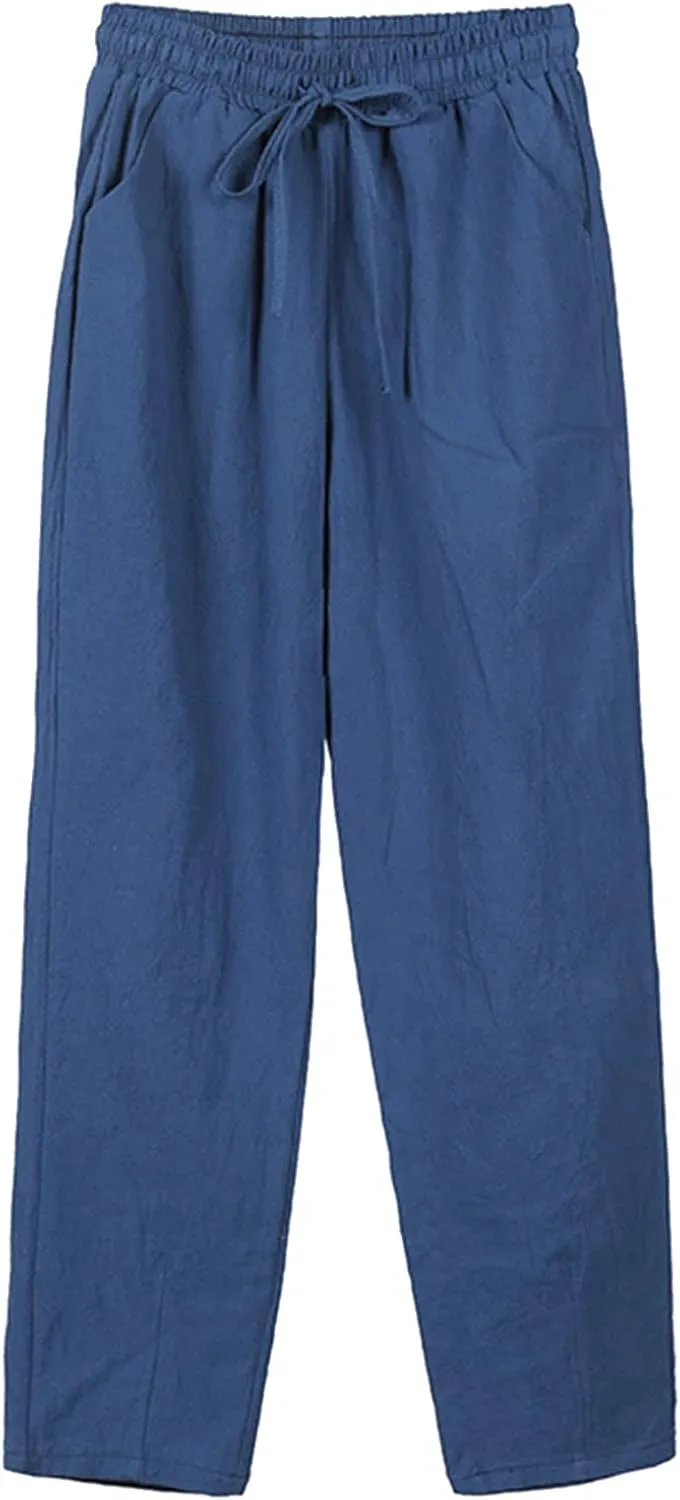 Baggy Linen Pants Waisted Cotton Palazzo Pants Wide Leg Long Pant Trousers Summer Fall Lounge Plain Drawstring