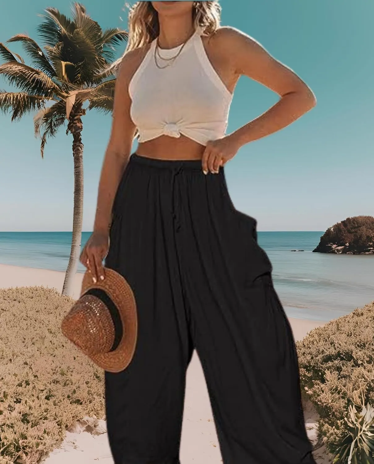 Beach Pants for Women Harem Elastic Waist Multiple Colors Ideal for Beach Vacations and Summer Festivals