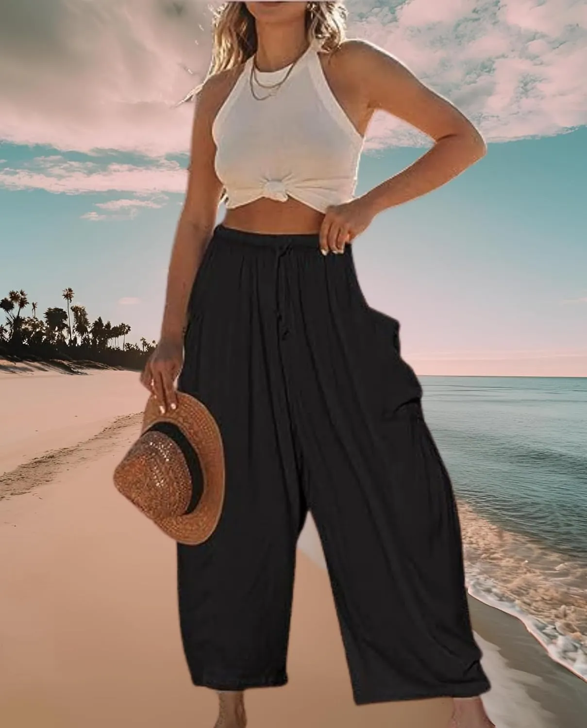 Beach Pants for Women Harem Elastic Waist Multiple Colors Ideal for Beach Vacations and Summer Festivals