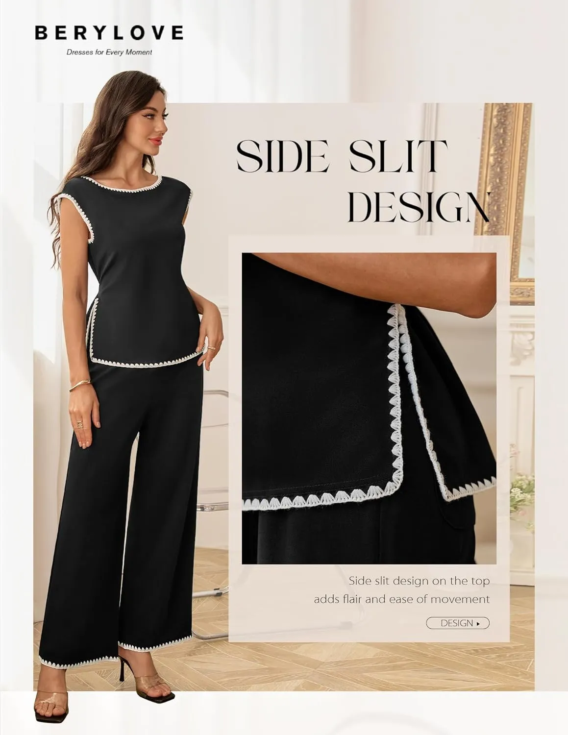 BeryLove Two Piece Sets for Women Summer Outfits Lounge Sets Cap Sleeve Tops Wide Leg Crop Pants Vacation Travel Outfits