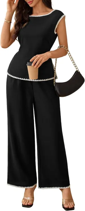 BeryLove Two Piece Sets for Women Summer Outfits Lounge Sets Cap Sleeve Tops Wide Leg Crop Pants Vacation Travel Outfits