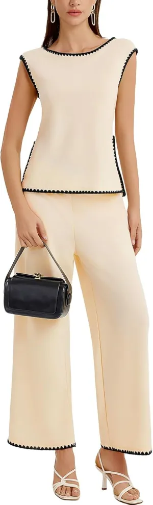 BeryLove Two Piece Sets for Women Summer Outfits Lounge Sets Cap Sleeve Tops Wide Leg Crop Pants Vacation Travel Outfits